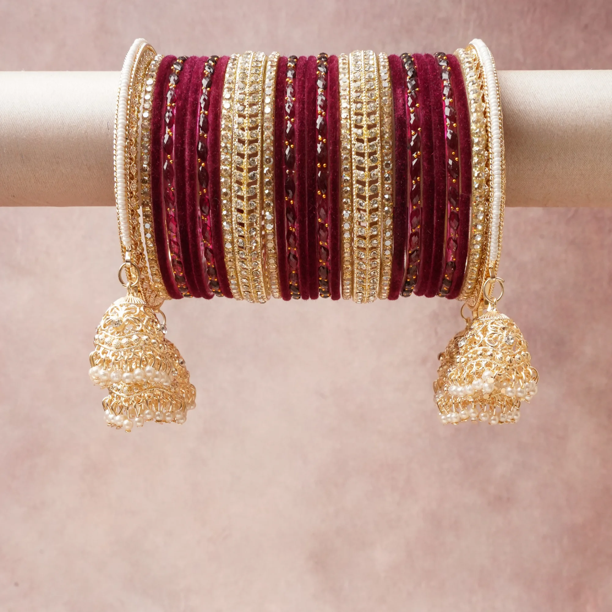 A commanding Deep Crimson anchors this beautiful set, enriched with accents of Clear White, Pearl White that add depth and dimension.

Featuring a striking composition of Gold-toned Metal, Velvet, Glass, Crystal, Faux Pearl, this set carries intricate craftsmanship and strong presence. Grand in form, it is created for moments that deserve to be marked.